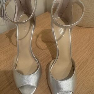 Botkier Silver Metallic Peep-Toe Ankle-Strap Heels with Tassel Accent